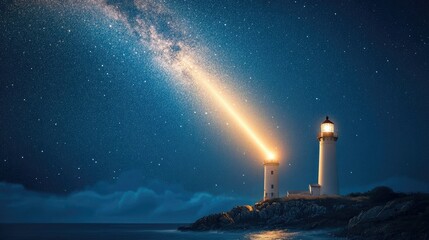 A coastal lighthouse beaming its light across a dark ocean under a star-filled sky, with the Milky Way above.