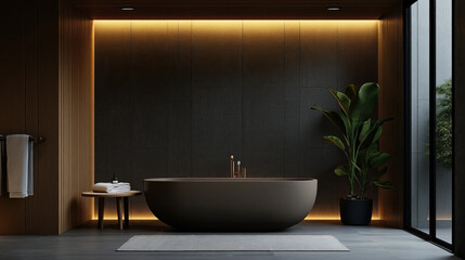 Fototapeta premium Luxurious modern bathroom with a large freestanding oval bathtub, potted plant, wooden side table with towels and bottle, ambient lighting, and floor-to-ceiling windows.
