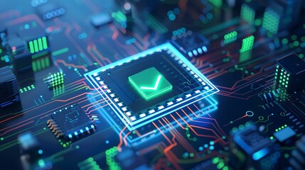 Fototapeta premium Close-up of a microchip on a colorful, illuminated circuit board showcasing technology and precision in hardware design.