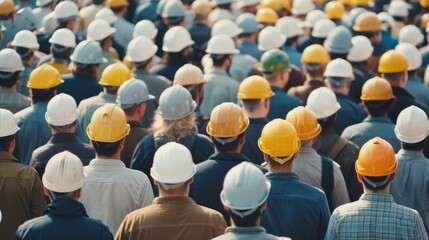 Obraz premium A throng of construction workers, all wearing hard hats, stand in unison, embodying solidarity and teamwork in a bustling work environment.