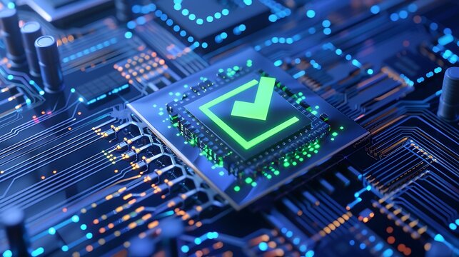 Close-up of a microchip on a motherboard with a glowing checkmark, symbolizing secure technology and data validation in a digital environment.