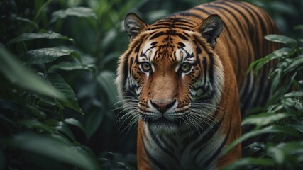 Fototapeta premium Tiger cautiously peers through dense green foliage in jungle.