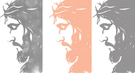 A set of side profiles of Jesus with his eyes closed and a crown of thorns. Vector, illustration