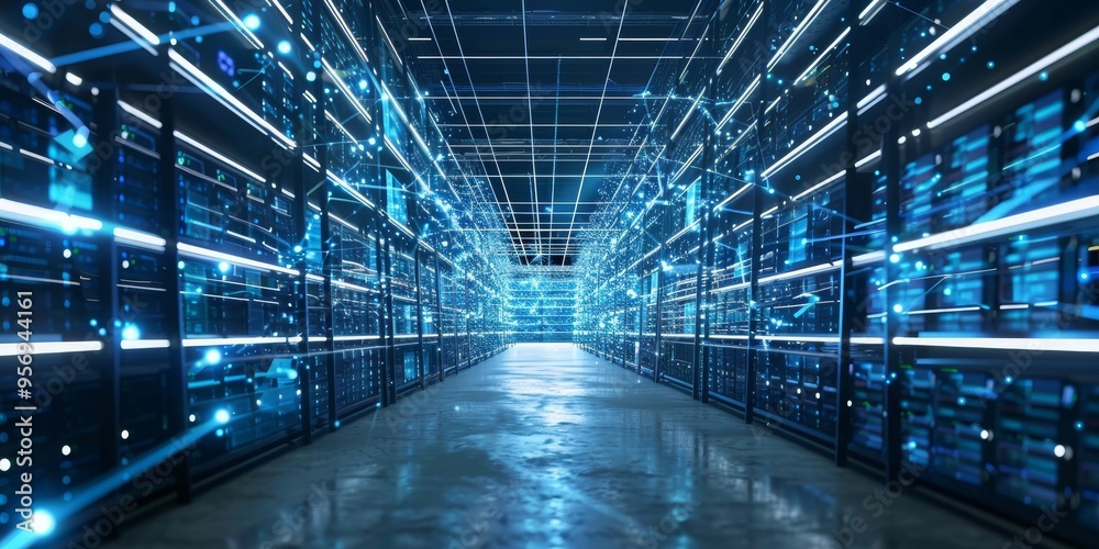 Aufkleber A big data concept with interconnected data sources feeding into a centralized warehouse for analytics