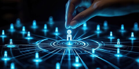 A hand selects a digital figure from a network of glowing icons, symbolizing connection and choice in the digital age.