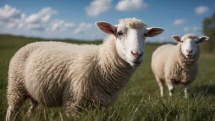 Obraz premium White sheep on the background of green grass and blue sky.