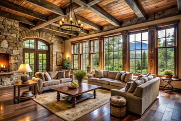 Rustic Luxe Retreat with Plastered Walls and Over-Sized Windows Focusing on Comfort and Serenity in Natural Settings