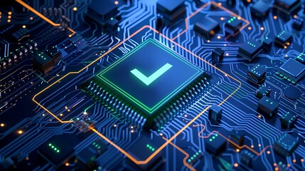 Fototapeta premium Close-up of an illuminated microchip on a printed circuit board, symbolizing technology, precision and innovation in electronics.