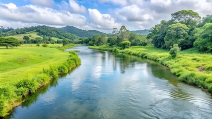 Serene river flowing through a lush green landscape. render, river, serene, lush, green, landscape,render, waterway
