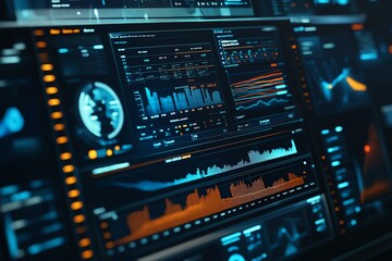 Obraz premium Futuristic data dashboard displaying analytics, charts, and graphs in vibrant colors for tech and business themes.