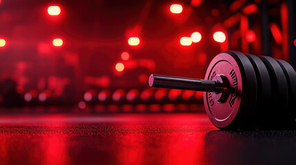 Highintensity workout scene with red gym equipment, including barbells, kettlebells, and resistance bands, intense training concept in a sleek fitness environment