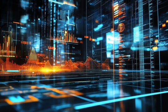 Futuristic digital landscape with glowing data streams, graphs, and abstract technology design for innovation and analysis.