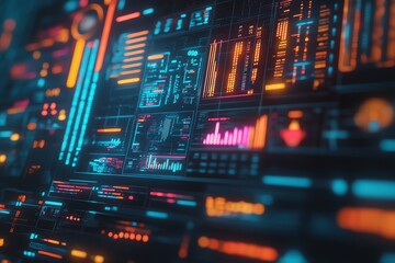 Obraz premium Futuristic interface with glowing data visualizations, charts, and graphs, ideal for technology and digital concepts.