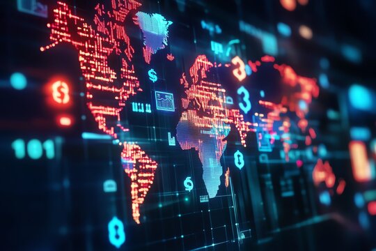 Futuristic world map with digital elements showcasing global connectivity and data visualization trends.