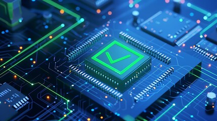 Fototapeta premium Close-up view of a glowing green checkmark on a circuit board, representing technology, validation, and digital processes.
