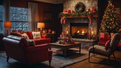  Cozy 1950s-themed Christmas living room with a warm fireplace and holiday décor.