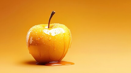 A close-up of a shiny yellow apple dripping with honey on a vibrant orange background, evoking freshness and sweetness.