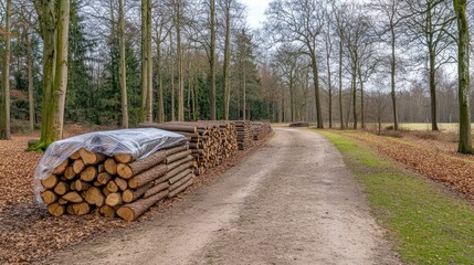 Large stacks of firewood in a springtime forest show cut tree trunks tightly wrapped in tape, with multiple rows of timber creating a natural pathway among the trees