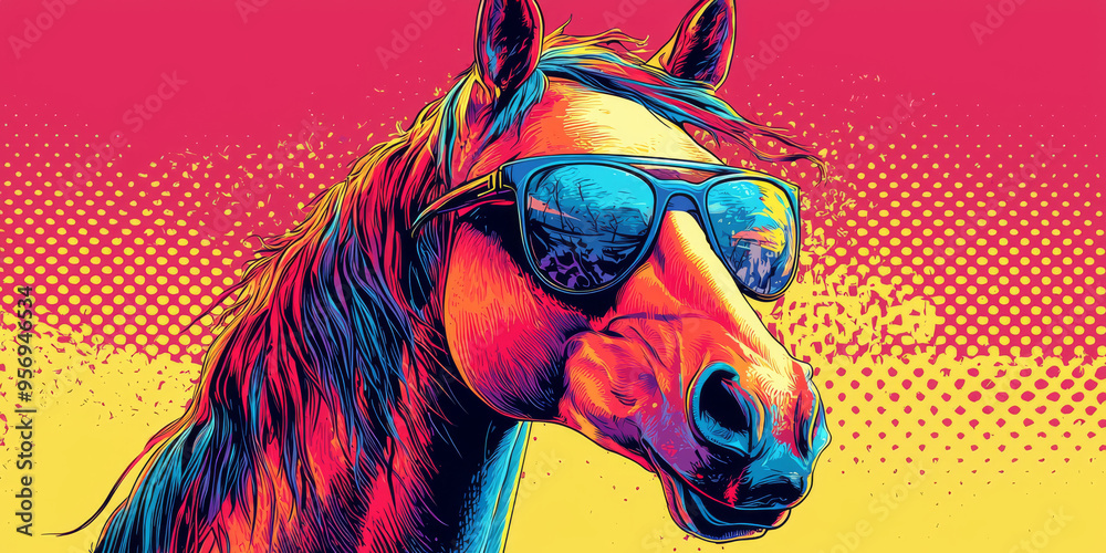 Sticker cool horse wearing sunglasses against a bright background.