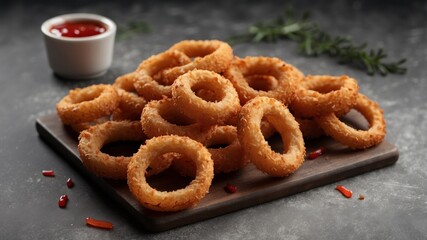 Close up lots of fried crispy onion rings with sauce ketchup on wooden board served on grey concrete background with napkin.