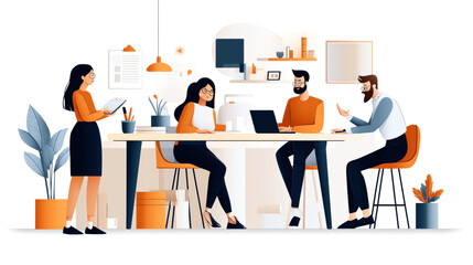 Modern office setting with four people working collaboratively, using laptops and discussing projects. The office features plants and contemporary decor.