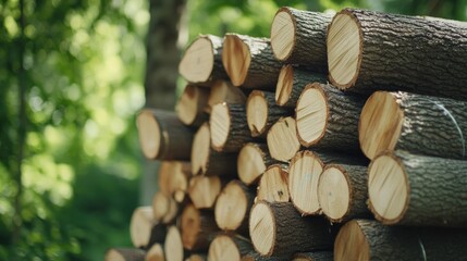 Large stacks of firewood in a springtime forest show cut tree trunks tightly wrapped in tape, with...