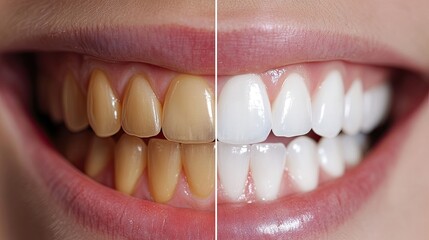 Teeth transformation displayed in a side-by-side comparison, showing the results of a dental whitening procedure.