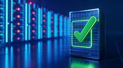 Data center server with a glowing checkmark icon, depicting security and successful operation in a technological environment.