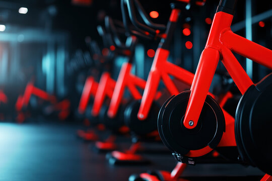 Red spinning bikes lined up in a sleek studio, illuminated by natural light from large windows, modern cycling class concept