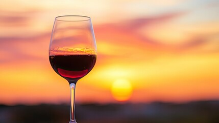 A glass of red wine with a sunset in the background, reflecting the warm hues of the sky.