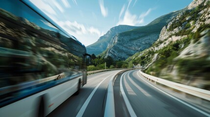A bus swiftly traveling on a curving mountain highway with scenic views, depicting the essence of a fast-paced journey through nature's beauty.