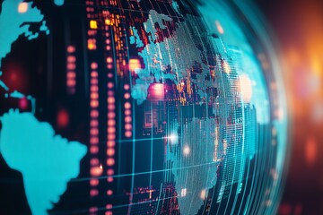Fototapeta premium Vibrant digital globe with data streams, showcasing global connectivity and technological innovation in a stunning visual representation.