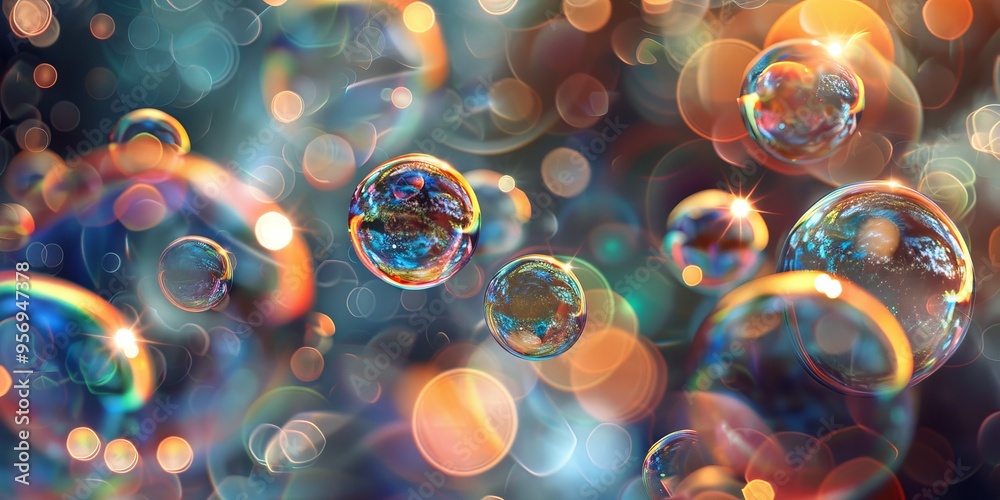 Poster Abstract art of interconnected bubbles floating in the air, symbolizing the fluidity and interdependence of relationships