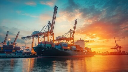 Fototapeta premium Sea port at dusk with cranes silhouetted against the evening sky, unloading cargo from a container ship. Highlights port operations and maritime logistics.