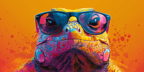 A close-up of a colorful lizard wearing sunglasses, with an orange background.