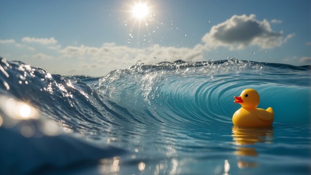 Sunny travel vibes yellow rubber duck on blue and white wave wall background.