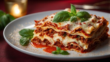 Delicious lasagna with basil garnish on sparkling red background.