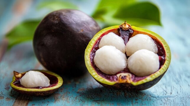 Fresh Mangosteen Fruit on Wooden Table