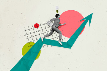 Creative trend collage of arrow point running female elecrtric bulb logic ideas weird freak bizarre...