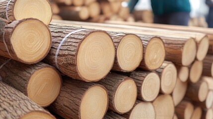 Large stacks of firewood in a springtime forest show cut tree trunks tightly wrapped in tape, with multiple rows of timber creating a natural pathway among the trees