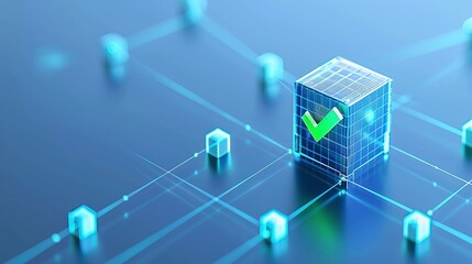 Digital blockchain network with a verified block, representing secure cryptocurrency transaction and technology.