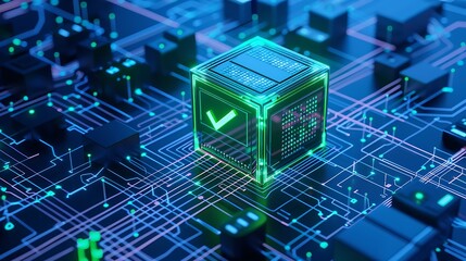 Digital blockchain technology concept with a glowing green cube on a futuristic circuit board, symbolizing secure digital transactions.