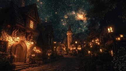 A medieval village with cobblestone streets, lit by lanterns under a sky filled with twinkling stars.