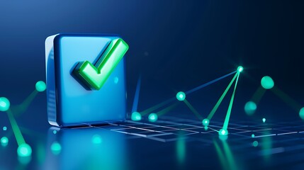 Digital check mark icon with futuristic network connections conveying security, approval, and technology on a blue background.
