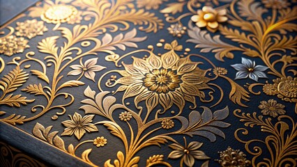 Golden metallic foil stamping process on velvet textured paper, showcasing intricate floral pattern, with debossed background, highlighting luxurious and high-end packaging design elements.