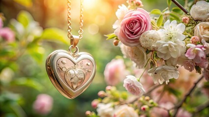 A beautifully crafted, engraved heart-shaped locket with custom initials hangs from a delicate chain, surrounded by soft focus, pastel-colored flowers and greenery.