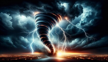 A powerful tornado, illuminated by jagged bolts of lightning, descends from a stormy sky, its swirling vortex reaching toward the ground. The scene depicts the raw power and danger of nature's fury, a