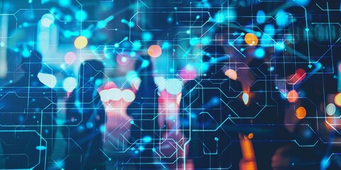 A group of people with a superimposed network grid, representing social networks and connectivity