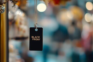 black friday banner in price tag hanging in crismas tree