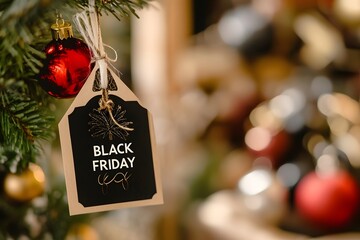 black friday banner in price tag hanging in crismas tree